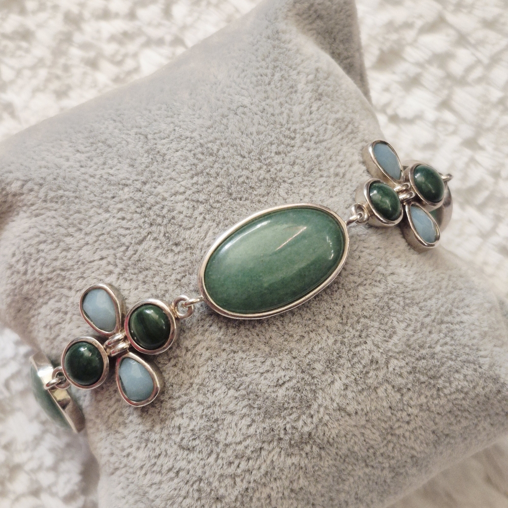 Sterling Silver Floral Jade & Larimar Stone Bracelet - Picture 3 of 10
